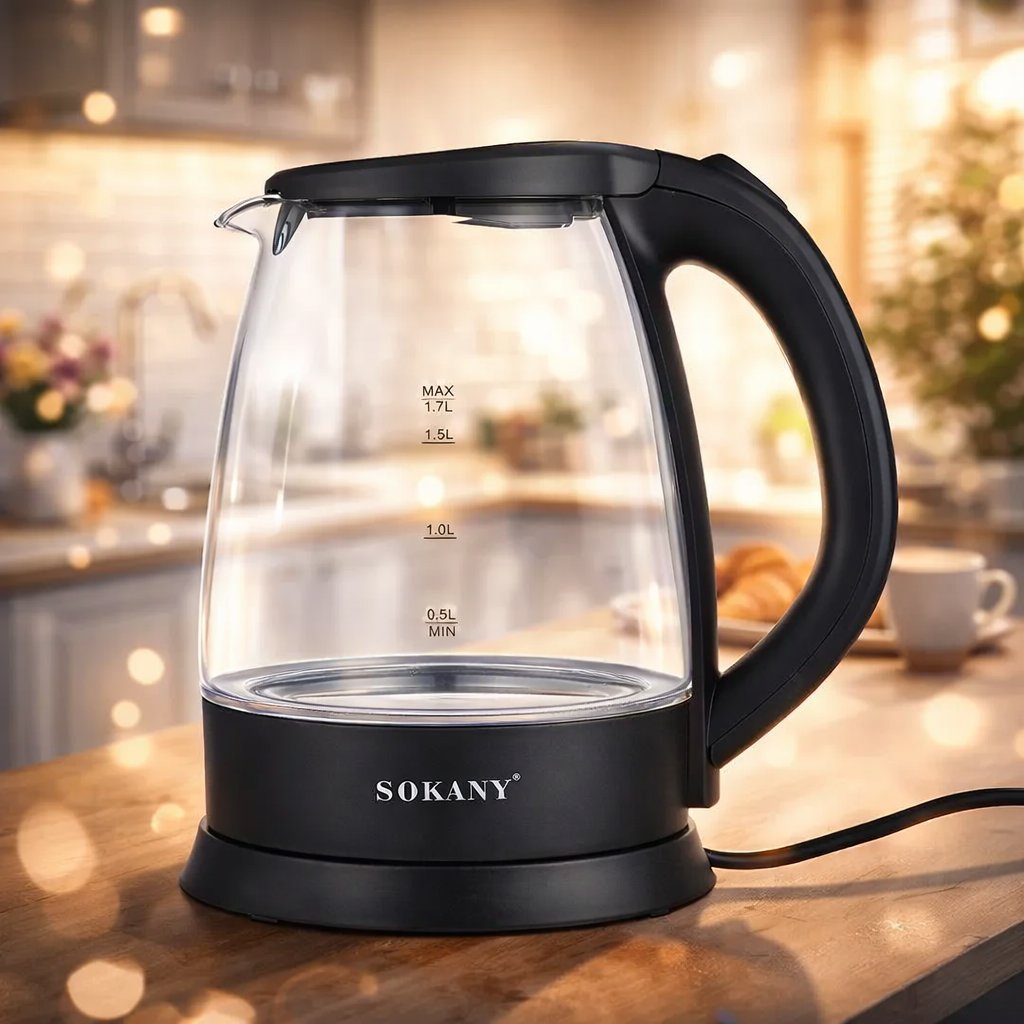 Скляний електрочайник Sokany GK-322 — стильний дизайн, 1,7 л, потужність 2200 Вт, швидке кип’ятіння та безпека