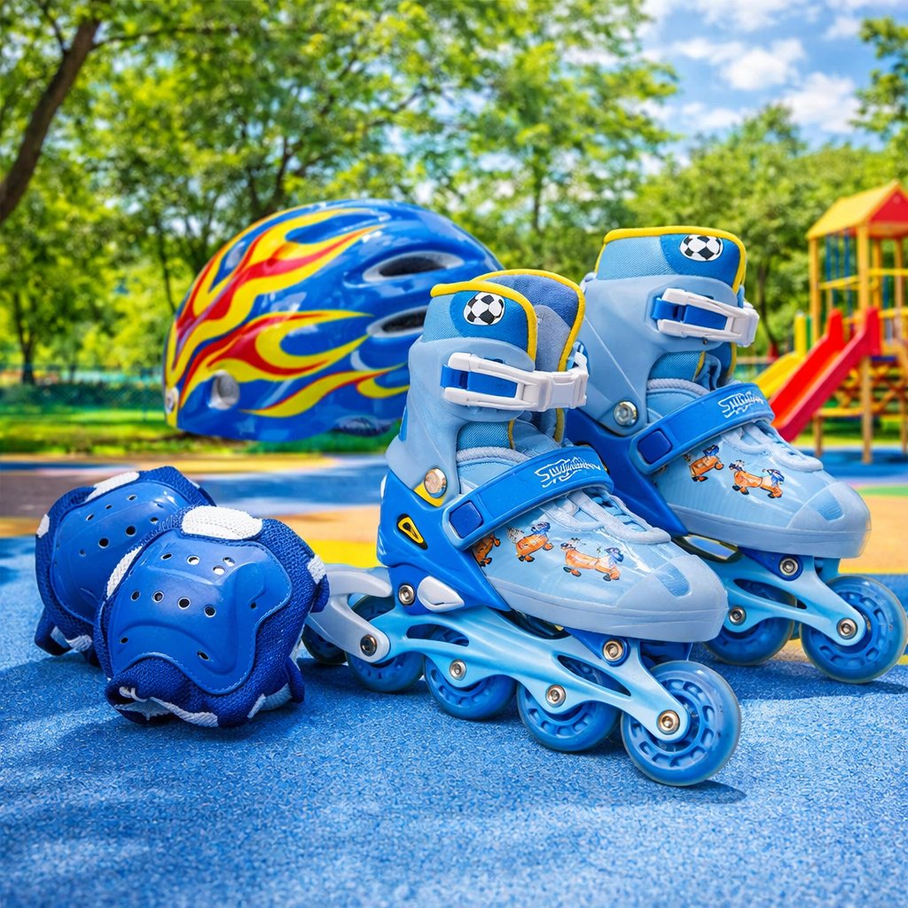 Дитячий набір для катання: Розсувні ролики A-607AS-N + шолом та захист — Безпечний старт та комфорт,Блакитні