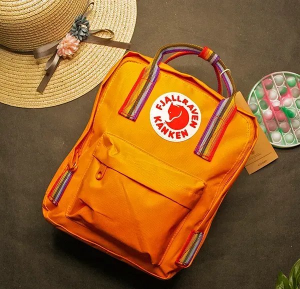 Компактний рюкзак-трансформер Fjallraven Kanken Mini 7л (27х21х10 см) – Помаранчевий з різнокольоровими ручками