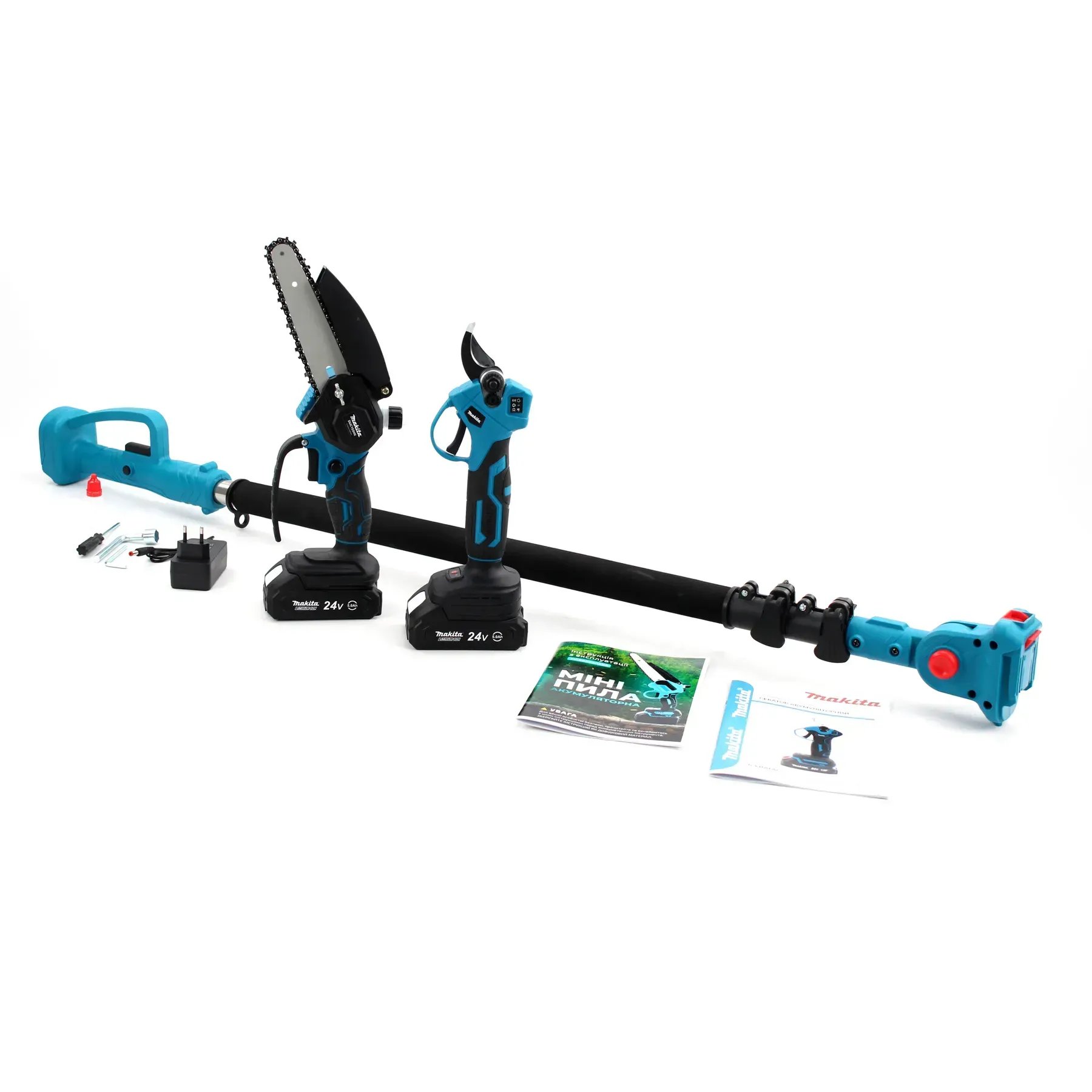 Акумуляторний набір 3в1 Makita (міні-пила DUC155HN + секатор DUP365 + телескопічна штанга до 2.6 м, 24V, 5.0 А·год): Професійний догляд за високими деревами!