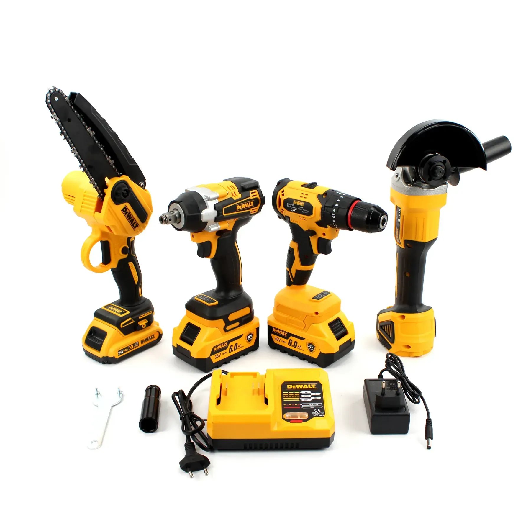 Акумуляторний набір 4в1 DeWalt (шуруповерт DCD796 + УШМ DCG405 + гайковерт DCF894 + міні-пила DCM160N, 36V/24V, кейс): Максимальна автономність і професійна потужність!