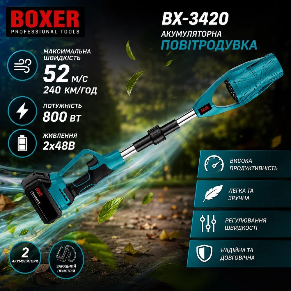 Акумуляторна повітродувка Boxer BX-3420 (48V, 2 АКБ в комплекті): Висока продуктивність та автономність для прибирання!